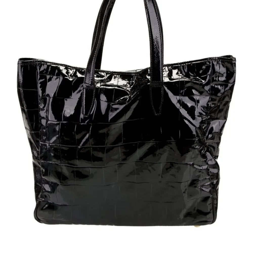 Yves Saint Laurent Rive Gauche Black Patent Leather Croc Embossed Raspail Tote